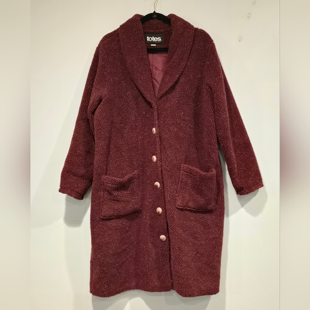 Tote's Women's Long Fleece Fuzzy Coat Size L Burgundy
